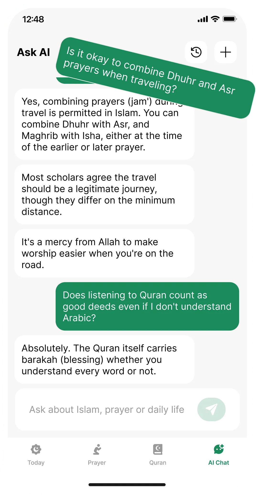 Taqwa app showing a conversation with the Islamic AI