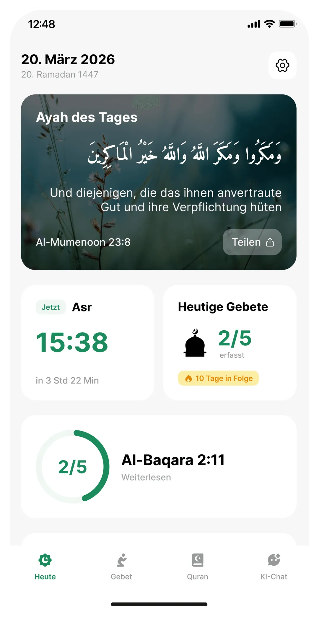 Startbildschirm der Taqwa-App mit den heutigen Gebetszeiten