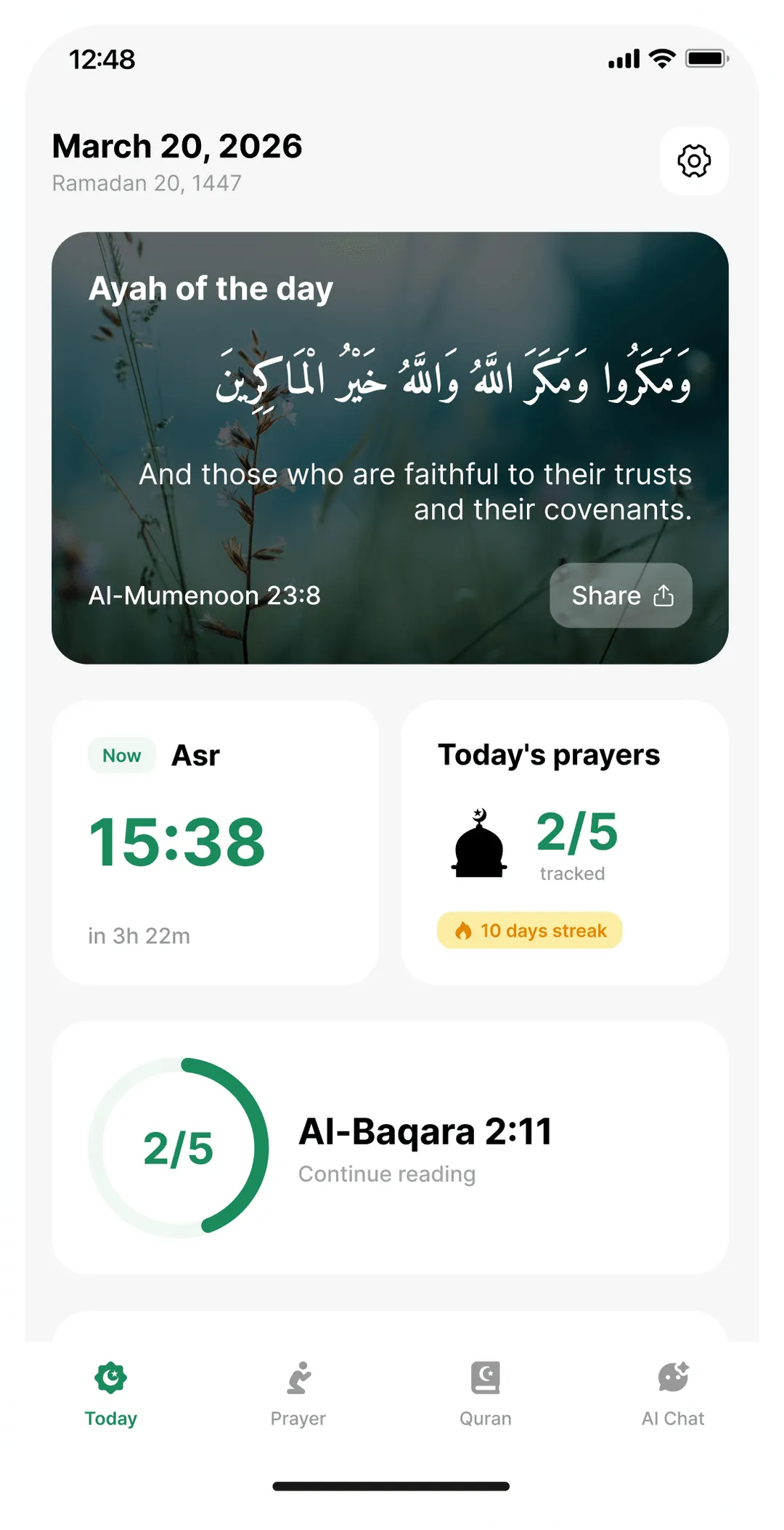 Taqwa app home screen showing today's prayer times