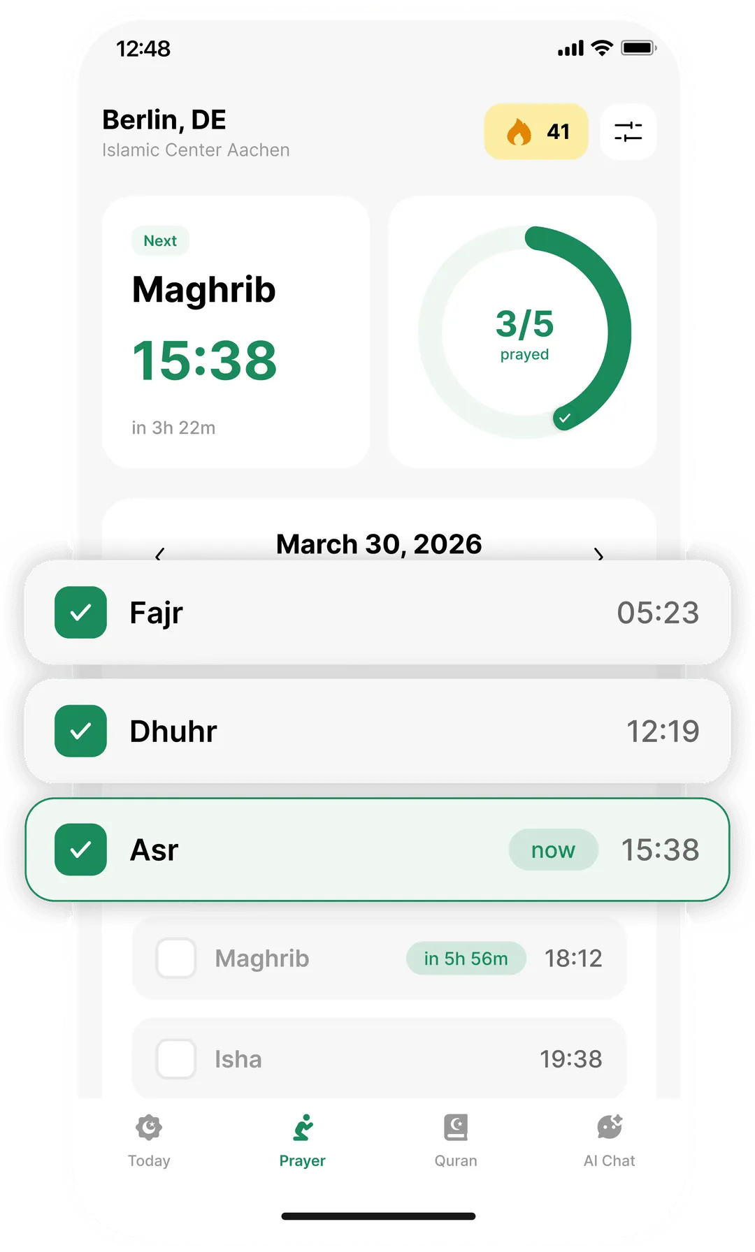 Taqwa app showing prayer times for the day