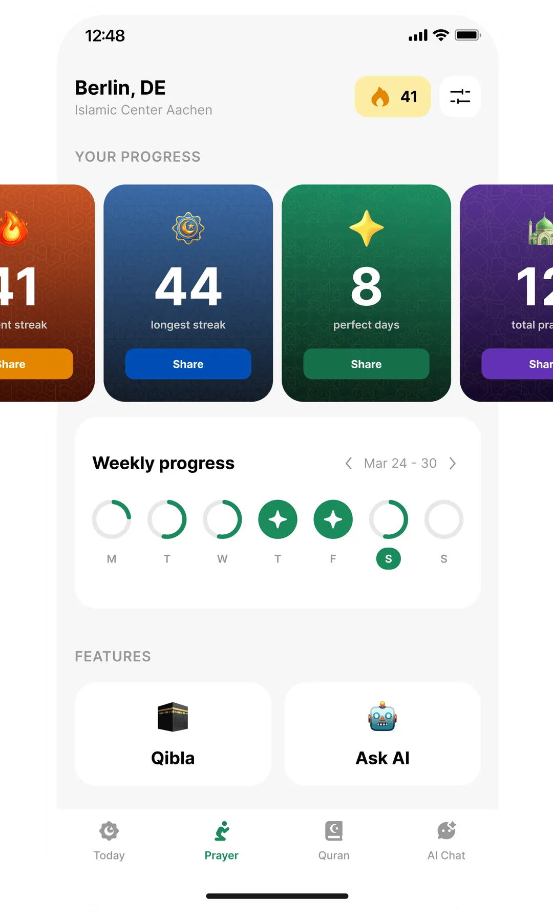 Taqwa app showing prayer tracking and a streak counter