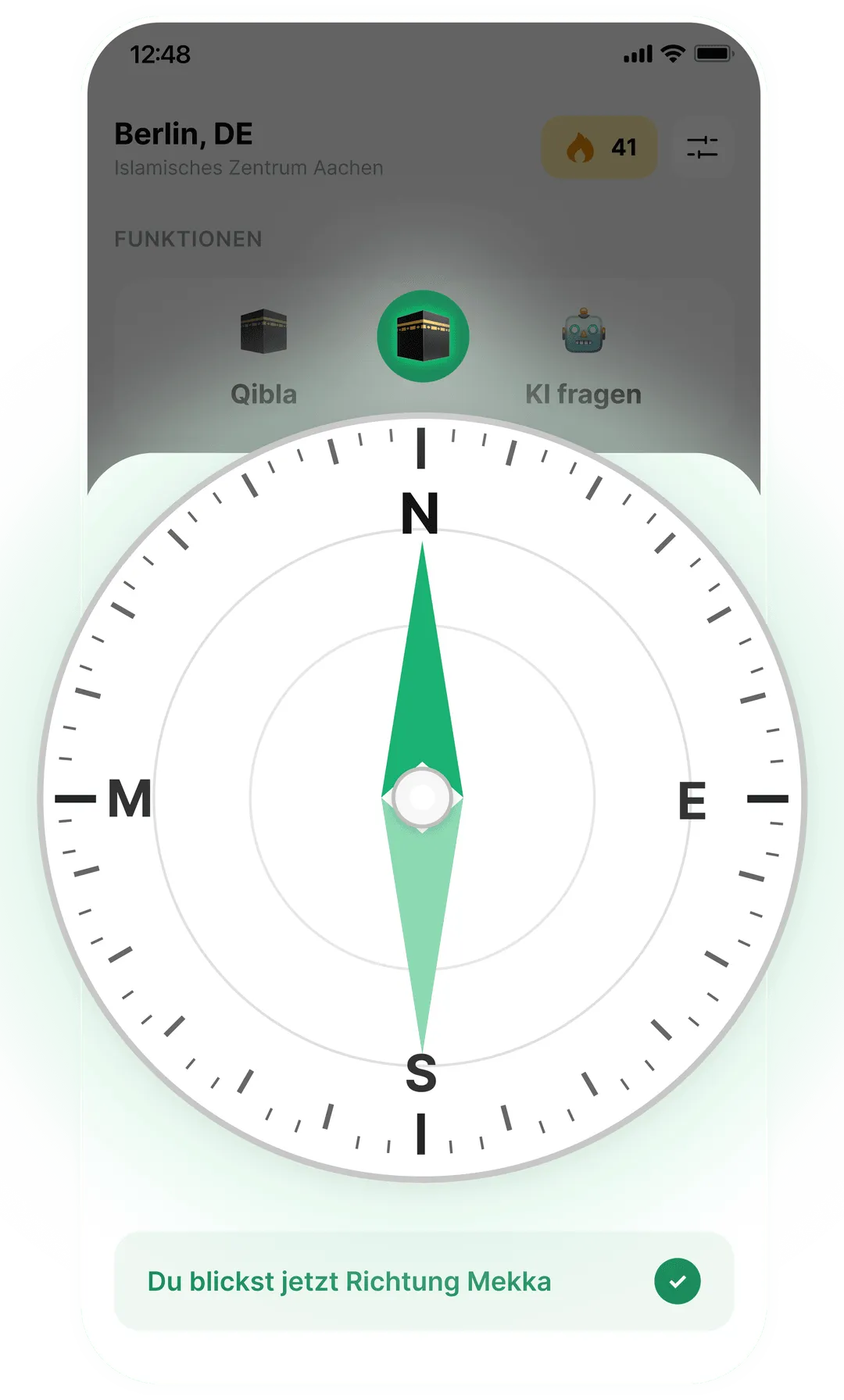 Taqwa-App mit dem Qibla-Kompass, ausgerichtet auf Mekka