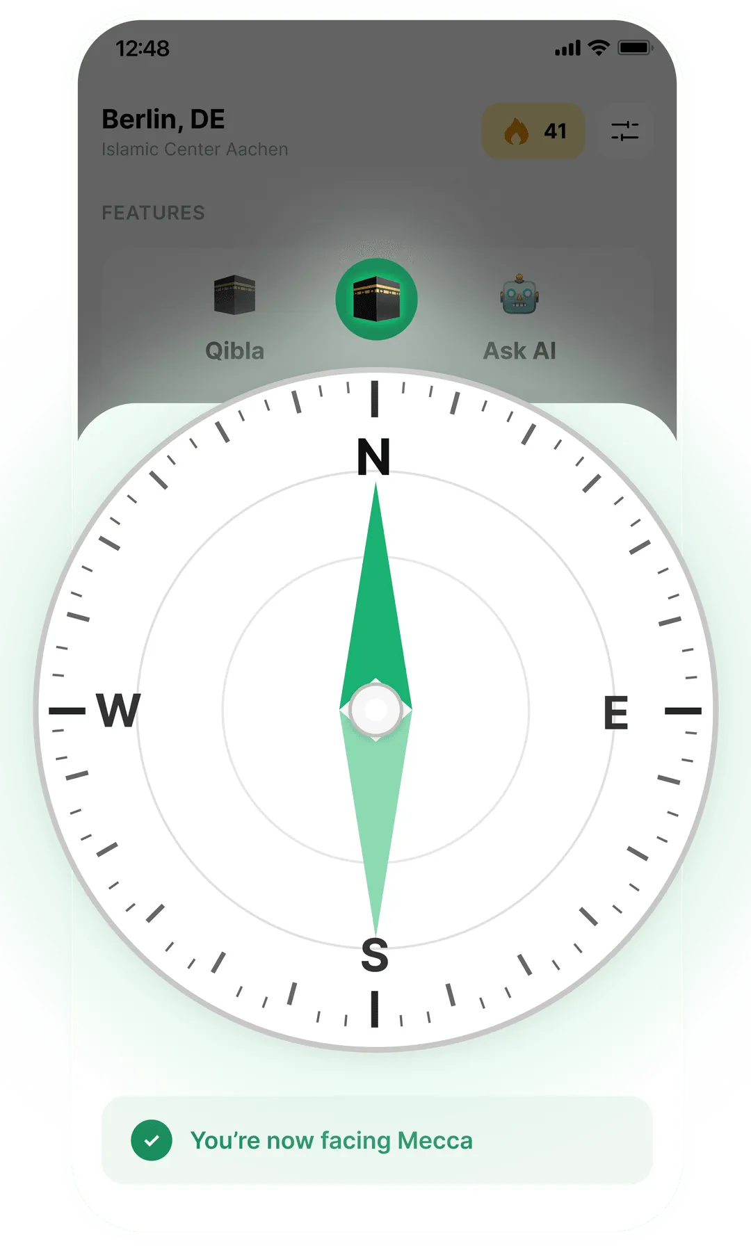 Taqwa app showing the Qibla compass aligned with Mecca